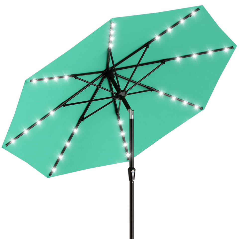 AreShark 9FT patio umbrella with solar lights for evening shade and cozy lighting.