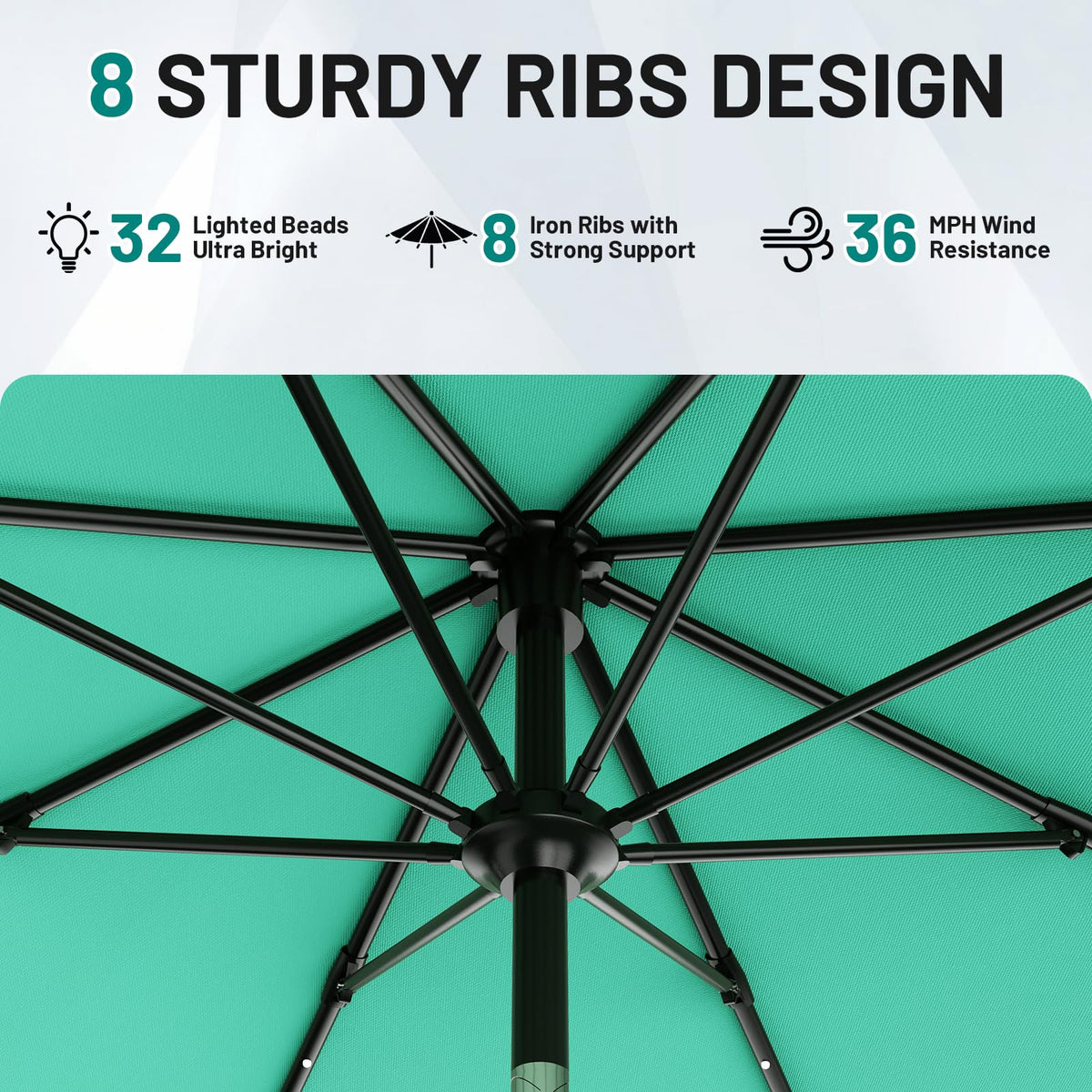 AreShark solar LEDs on ribs illuminate poolside gatherings with energy-efficient lighting.