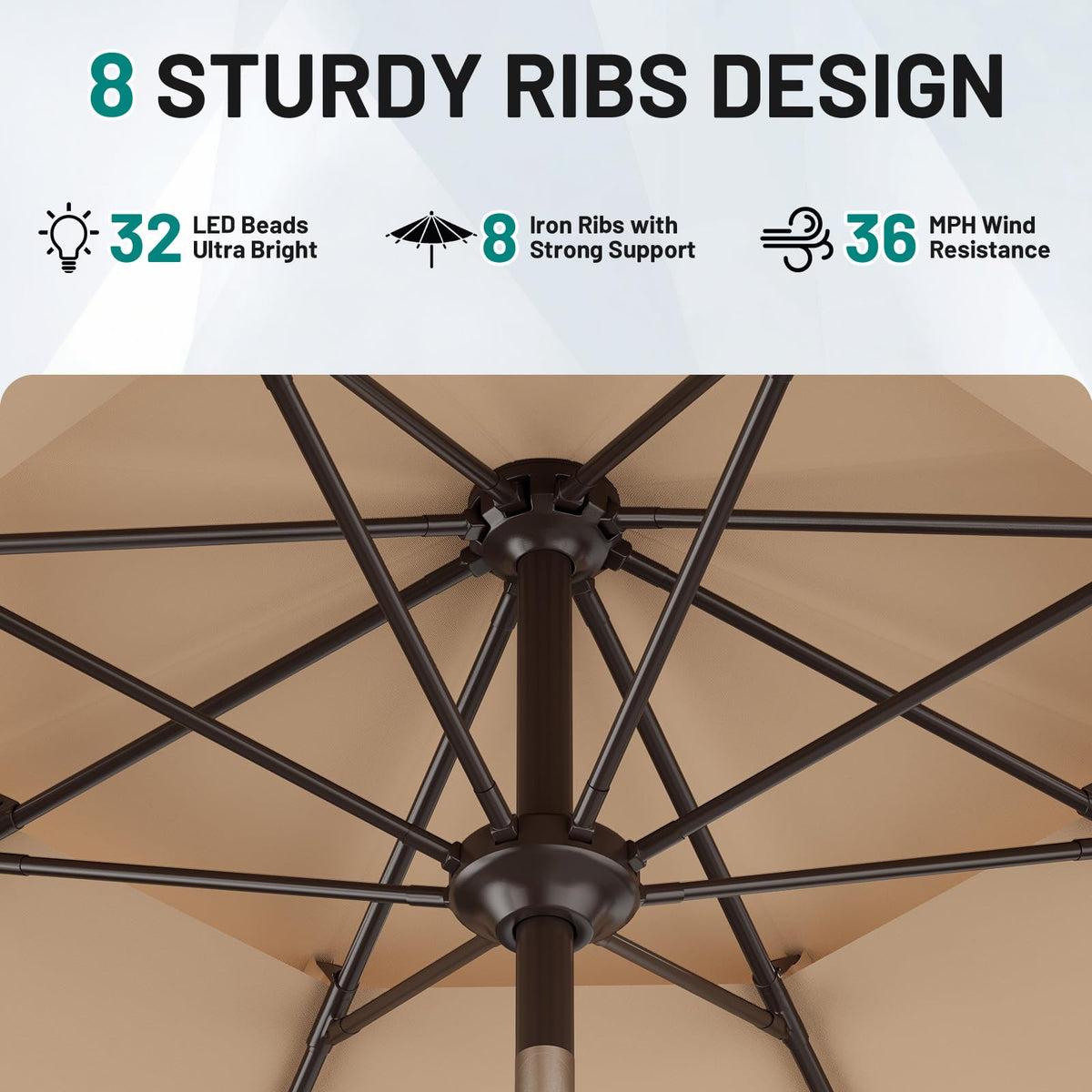 AreShark 8-rib frame offers sturdy support and rust resistance for outdoor use