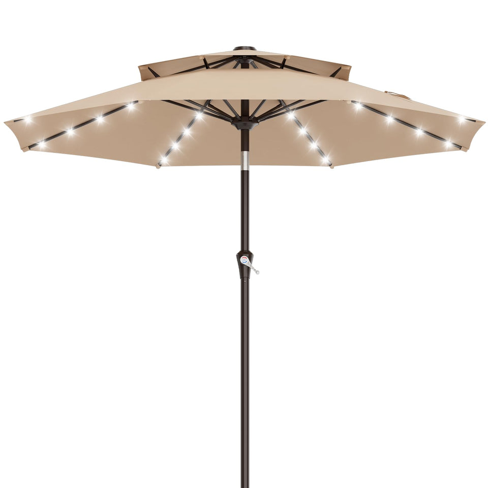 AreShark 9ft umbrella with solar lights provides ambient evening lighting for outdoor dining