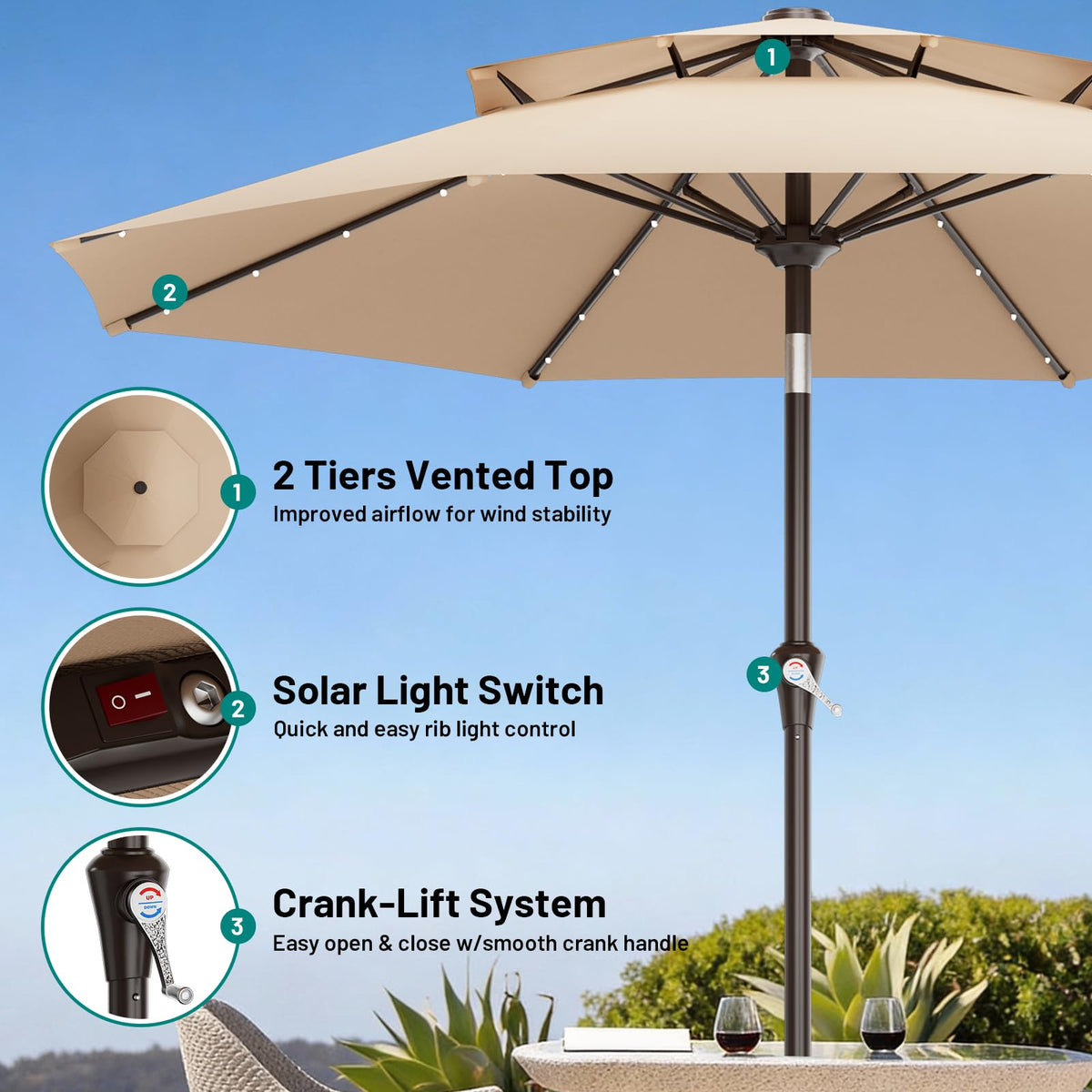 AreShark umbrella features ventilated canopy for cooler seating outdoors