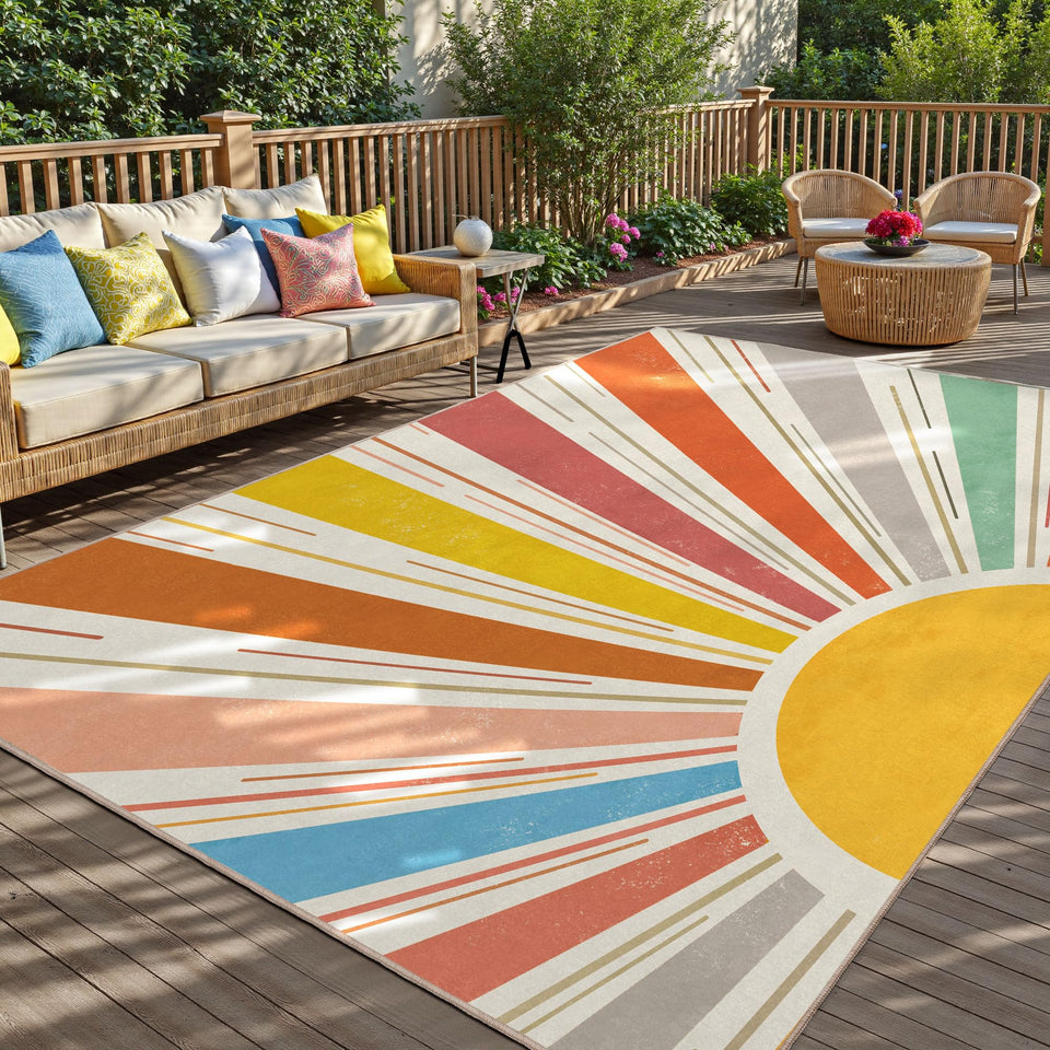 Arenarug multicolored boho rug with sun rainbow design for indoor and outdoor spaces, soft underfoot.