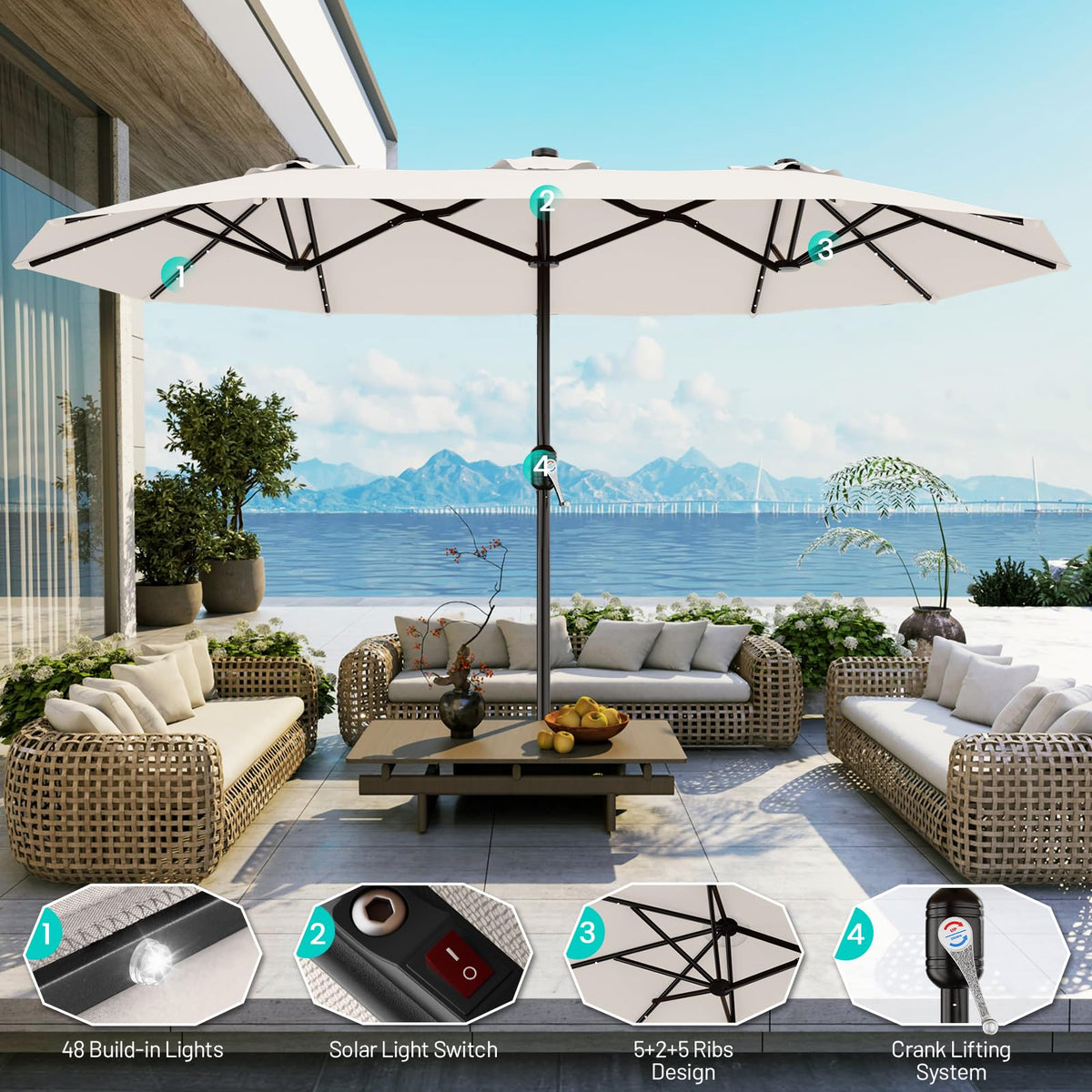 AreShark double-sided canopy provides versatile shade for dining and lounging