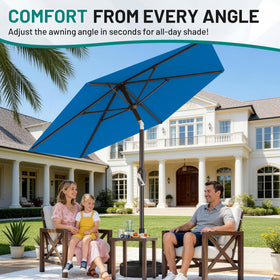 AreShark royal-blue canopy in a garden setting highlights style and practicality.