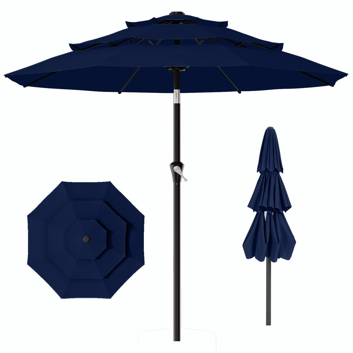 AreShark 9ft 3-tier navy umbrella provides stable shade for outdoor meals.