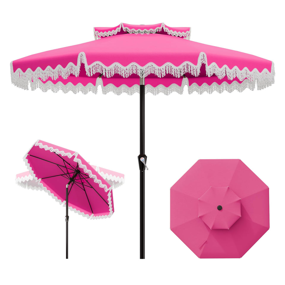 AreShark 9ft fringe patio umbrella in rose pink provides stylish shade and sun protection