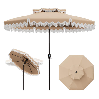 AreShark 9ft patio umbrella fringe close-up showing tassels and premium canopy for stylish shade.