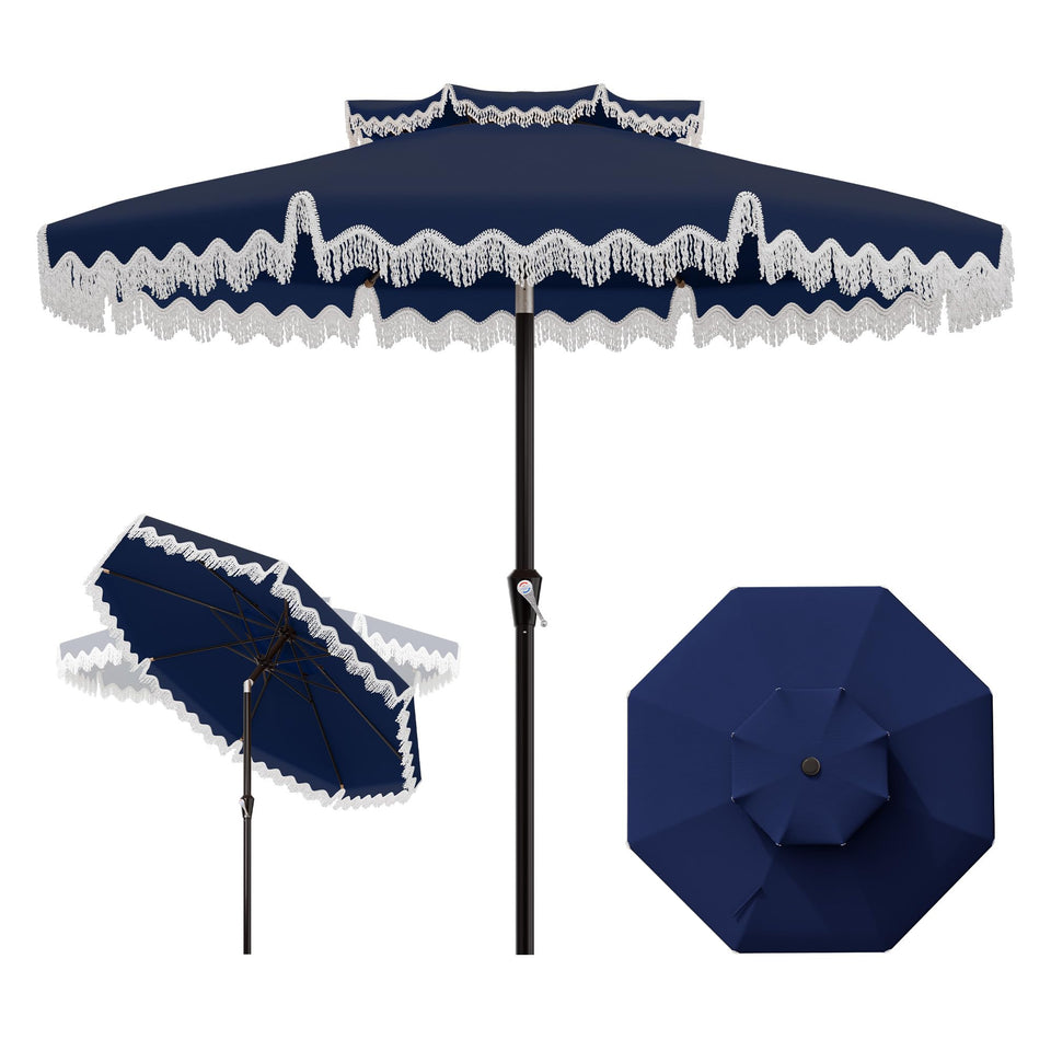 AreShark 9ft fringe patio umbrella in navy with tassel fringe detail