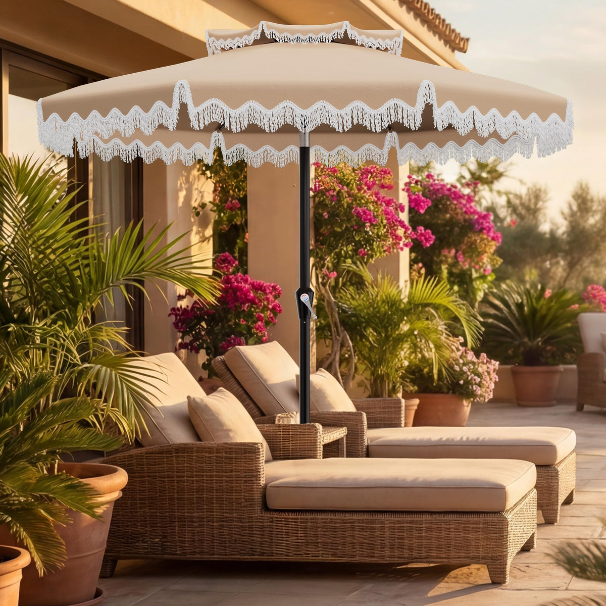 AreShark beige outdoor umbrella at poolside adds refined style to the space.