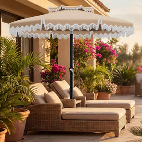 AreShark beige outdoor umbrella at poolside adds refined style to the space.