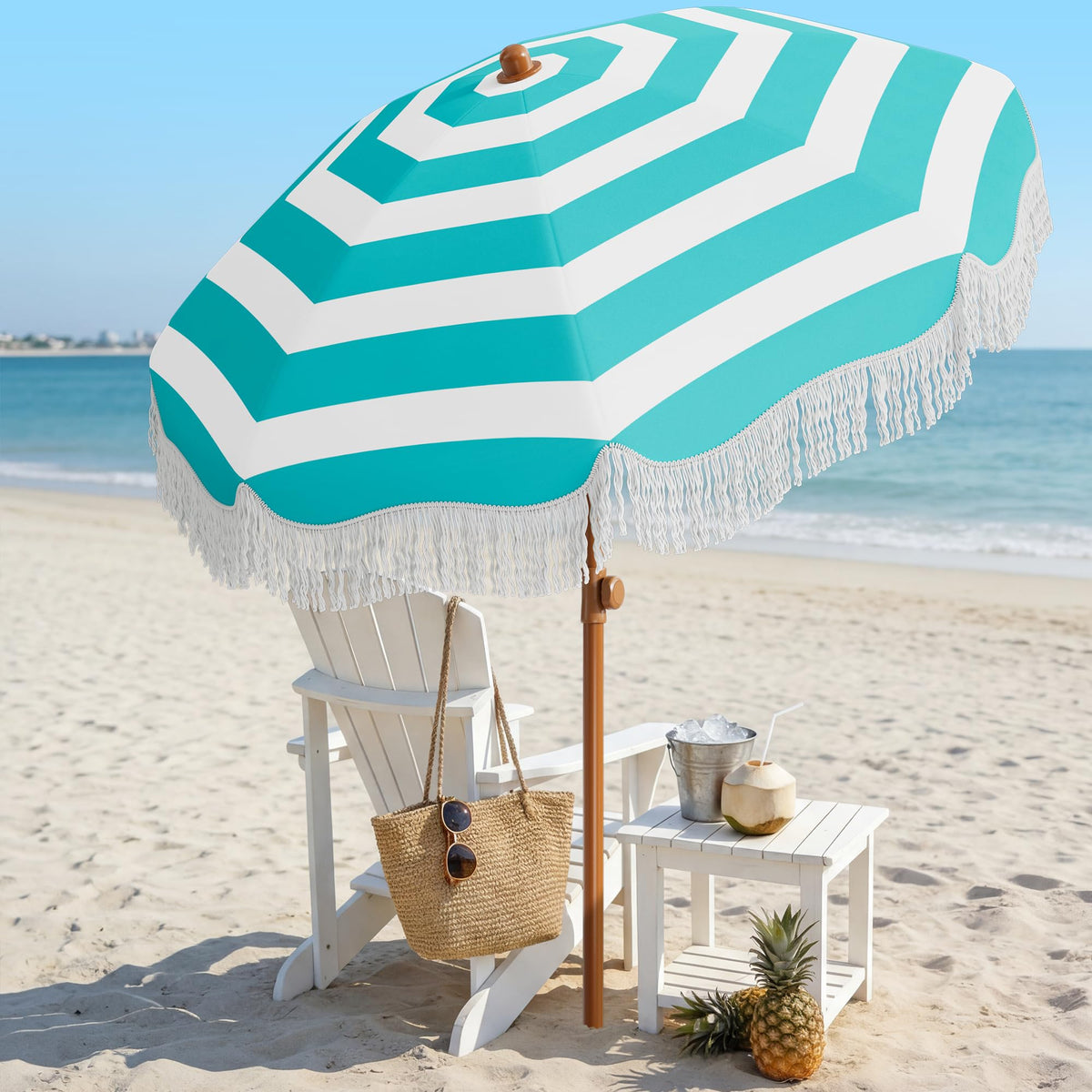 AreShark blue and white stripe umbrella enhances beach or poolside shade