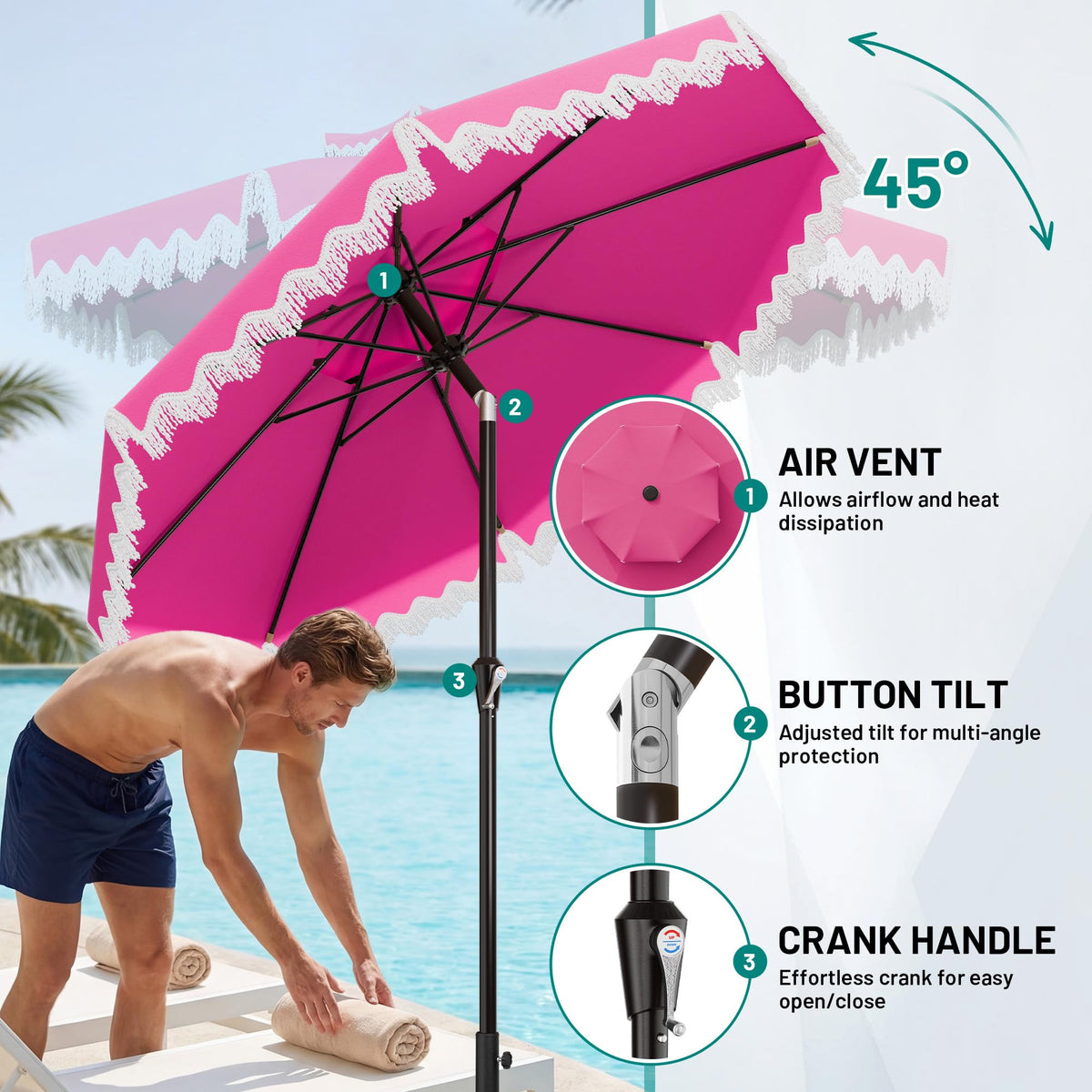 AreShark crank and tilt system for easy sun tracking and quick shade adjustment