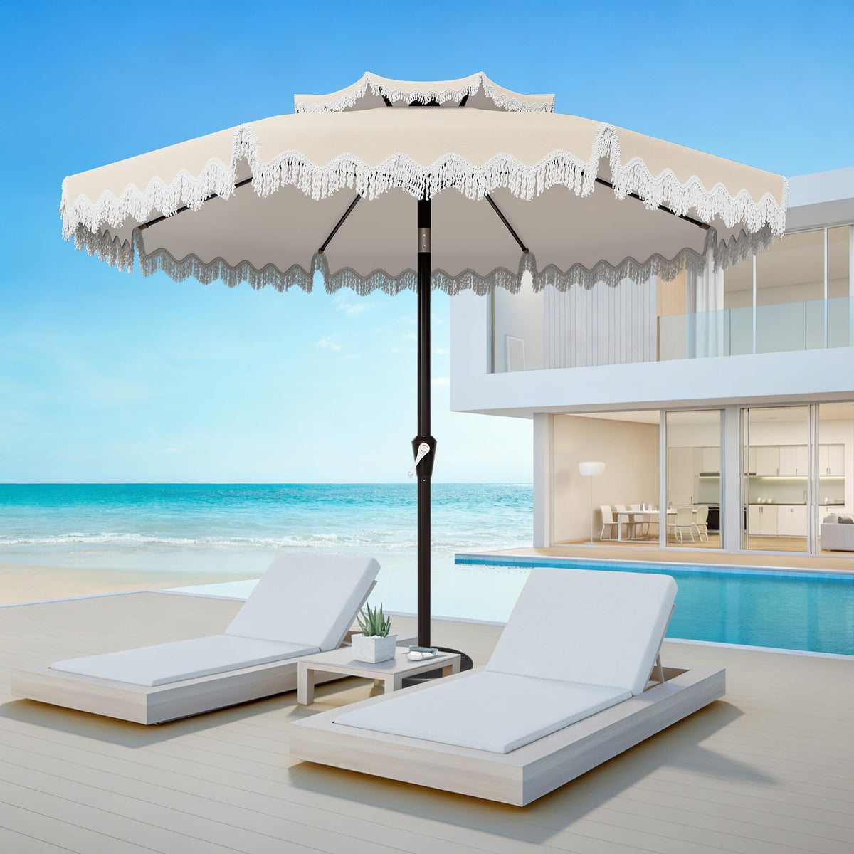AreShark fringe tassel detail highlights decorative sun protection for decks