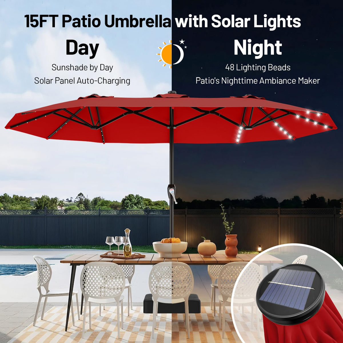 AreShark solar-powered lights along ribs brighten outdoor dinners and chats.