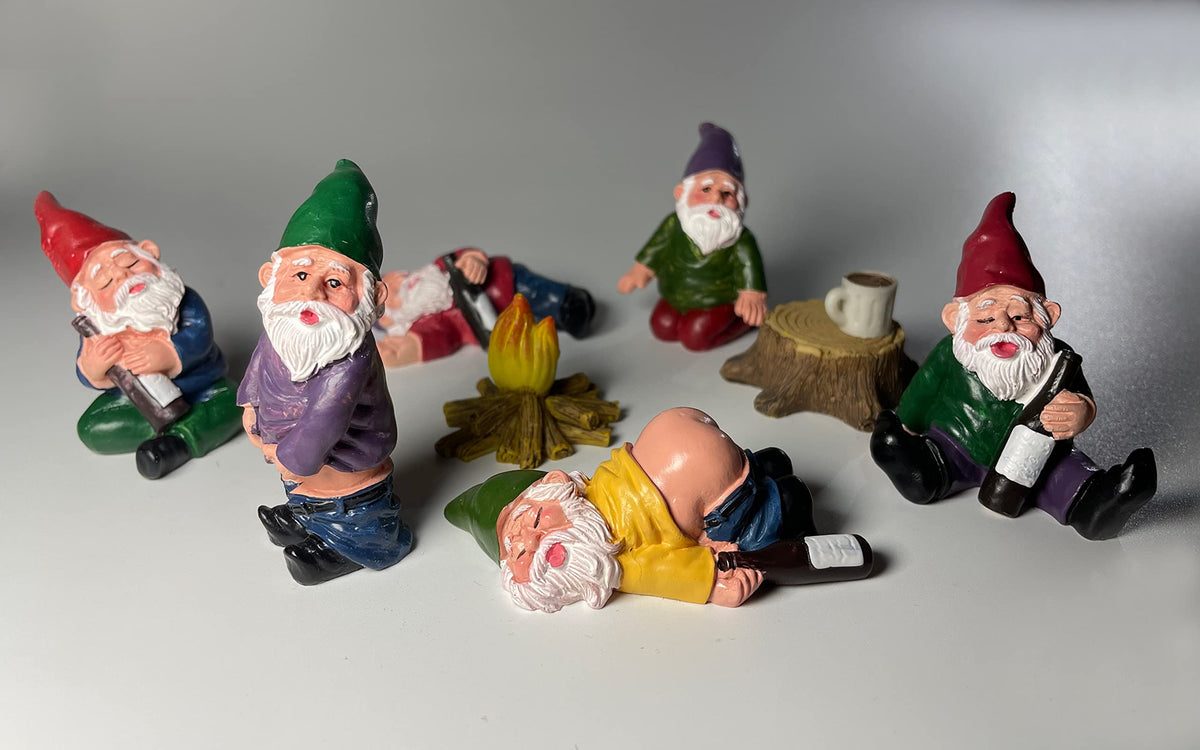 Arggidan drunken gnomes sleeping with wine for whimsical display.