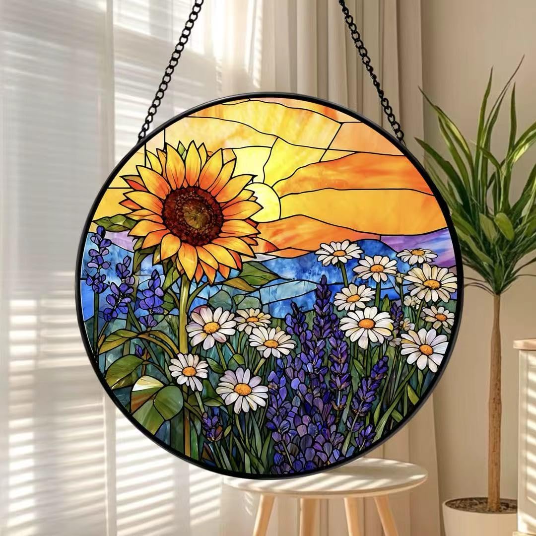 Argodaze stained-glass sunflowers-daisies-lavender-sunset hangs beautifully in sunlight.