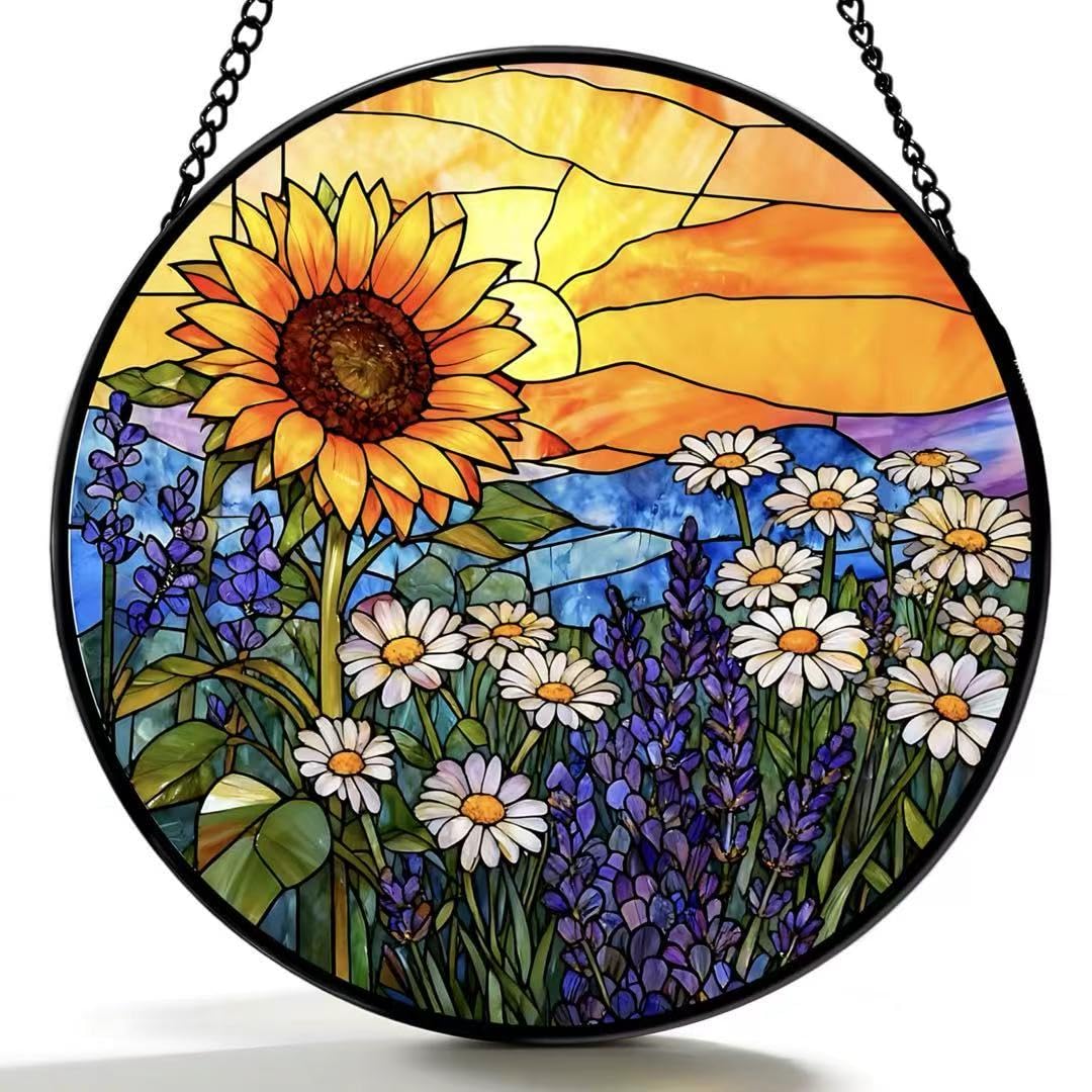 Argodaze sunflowers-daisies-lavender-sunset suncatcher brightens windows with colorful light.