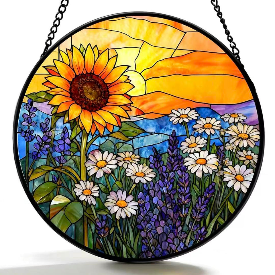 Argodaze sunflowers-daisies-lavender-sunset suncatcher brightens windows with colorful light.