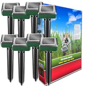 Ariie Mole Repellent solar unit front view deterring burrowing pests in a green lawn