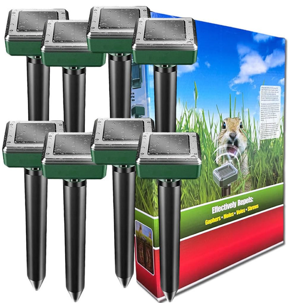 Ariie Mole Repellent solar unit front view deterring burrowing pests in a green lawn