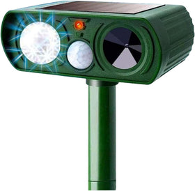 Ariie solar ultrasonic animal repellent unit ready for outdoor use to deter pests.