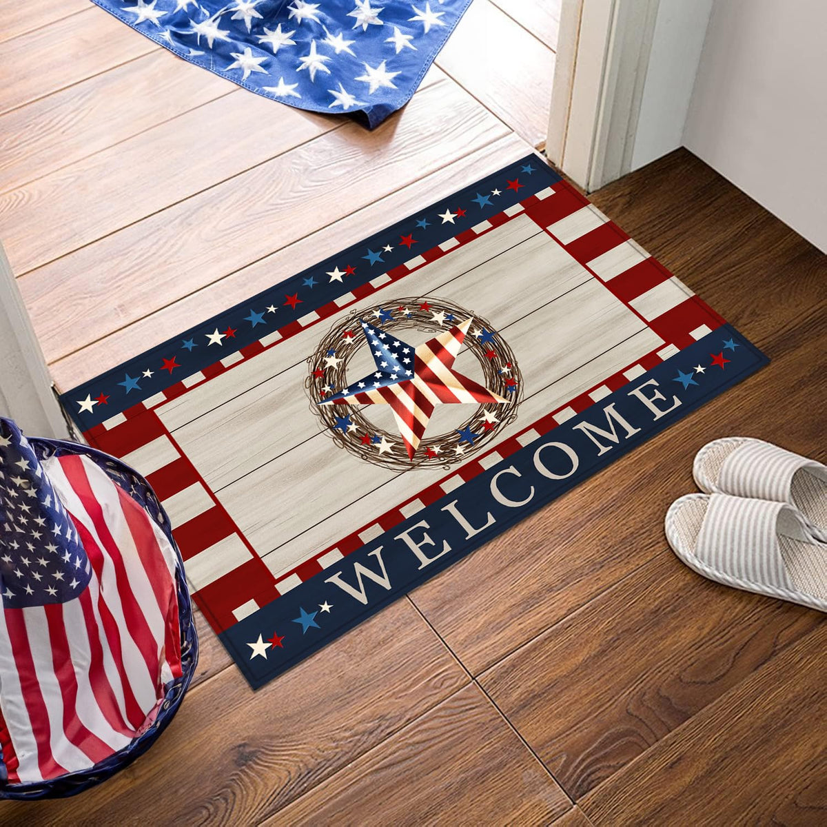 ARKUKT Independence Day doormat at front door with stars and stripes, welcoming guests