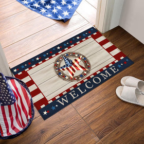 ARKUKT Independence Day doormat at front door with stars and stripes, welcoming guests
