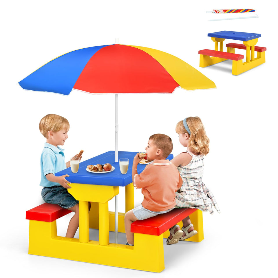 ARLIME ARMILE kids picnic table with umbrella ready for sunny outdoor dining.