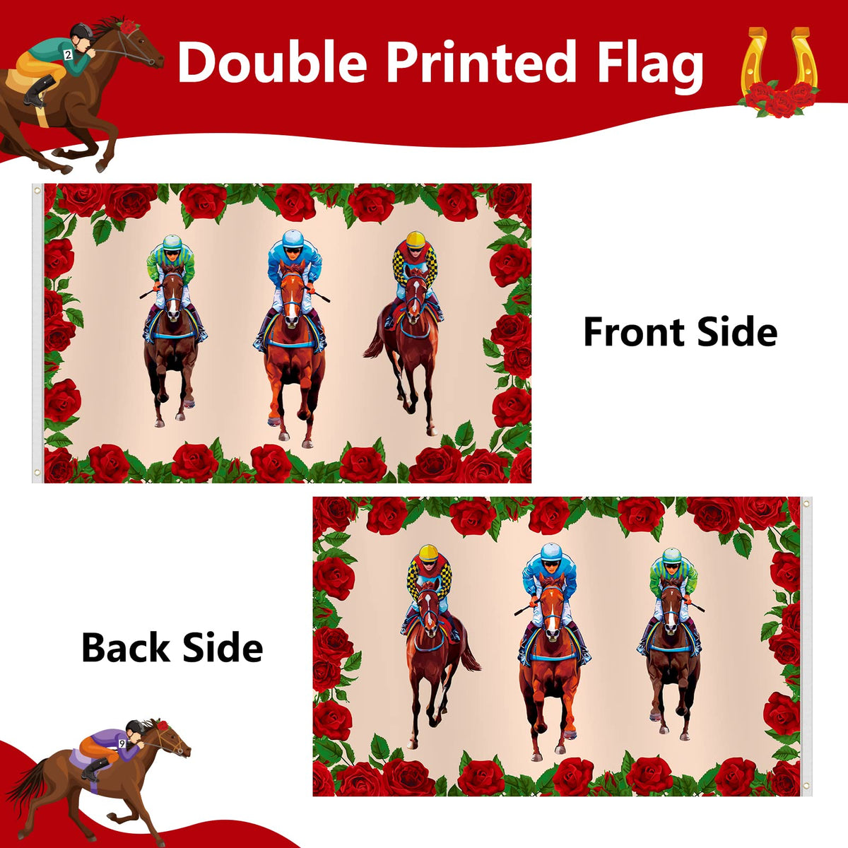 Arosche Kentucky Derby flag featuring roses and horse race motif for festive lawn decor.