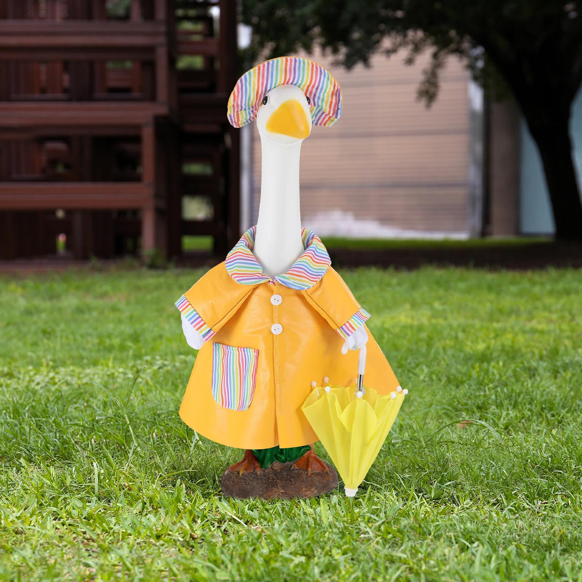 Arrowbash porch goose hat adds playful color to yard displays.