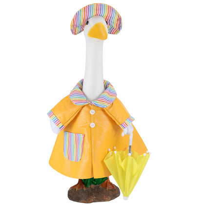 Arrowbash yellow raincoat on a 23-inch goose statue for weather-ready lawn decor.