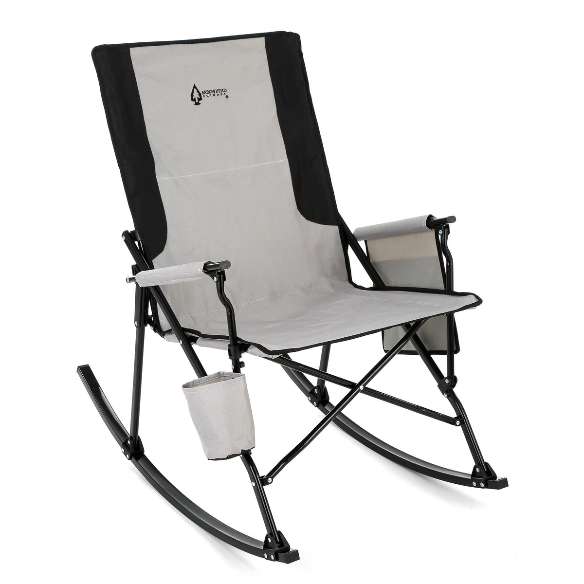 ARROWHEAD OUTDOOR foldable rocking chair with cup holder for easy drink access.