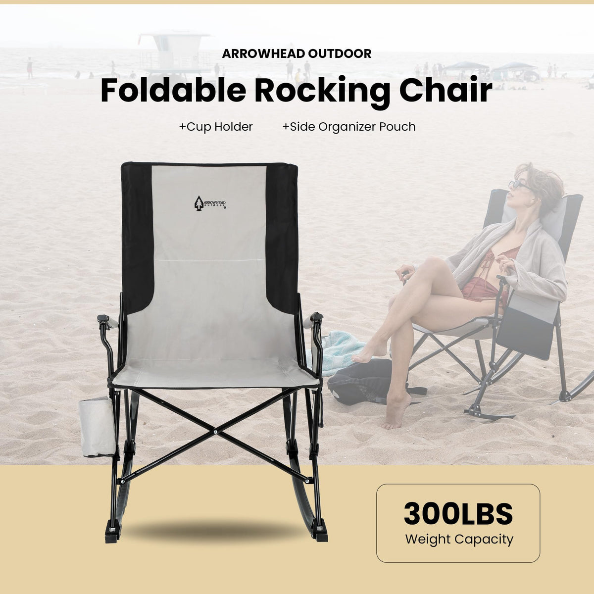 ARROWHEAD OUTDOOR rocking chair with side pocket keeps essentials within reach.