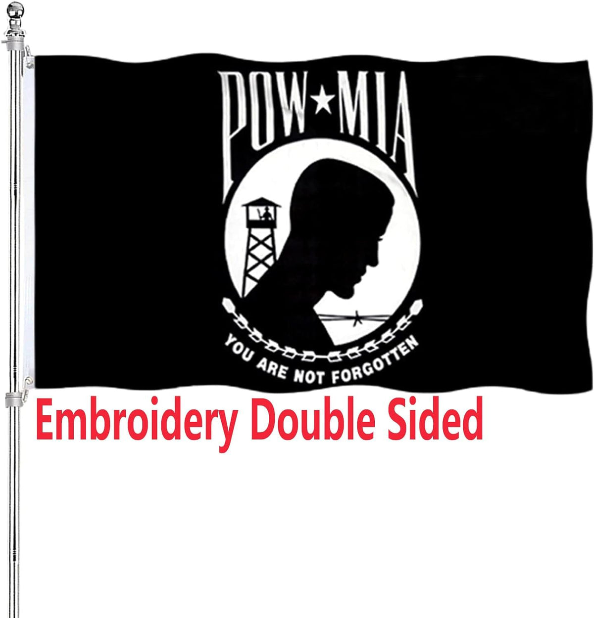 ARSOF Pow Mia flag embroidery front view showing detailed stitching and presence