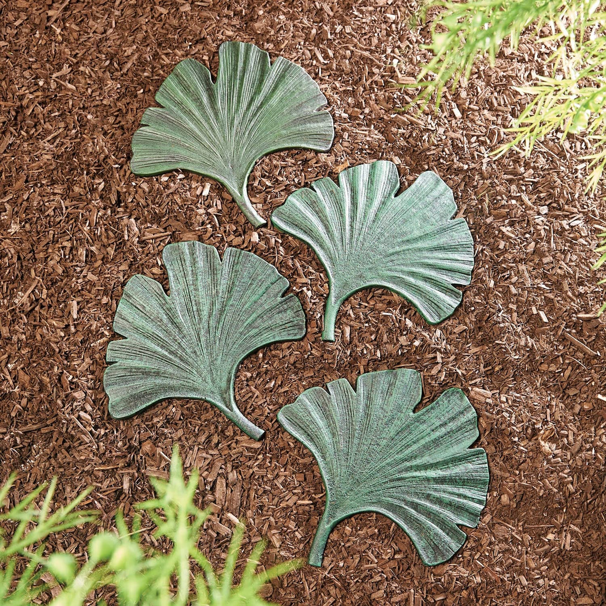 Art & Artifact gingko leaf stepping stone with verdigris finish, ideal garden accents.