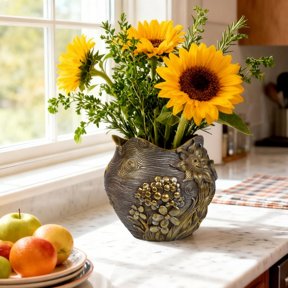 ArtCachet gray-gold sunflower planter with artisanal finish
