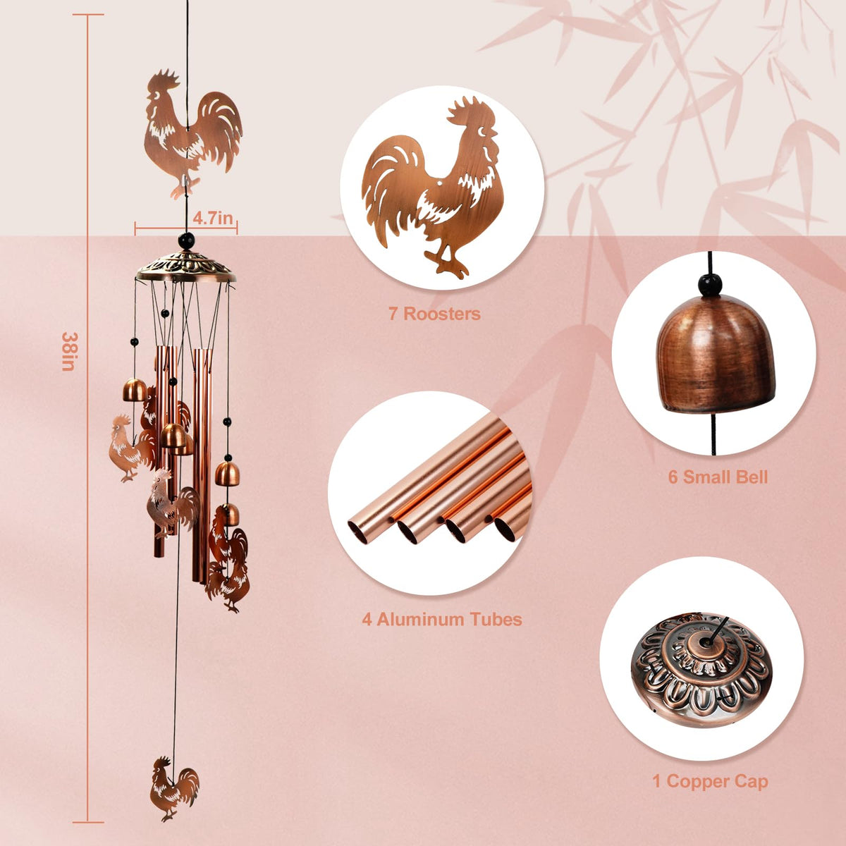 ArtCredit copper-tone rooster wind chimes add rustic charm to garden or porch.