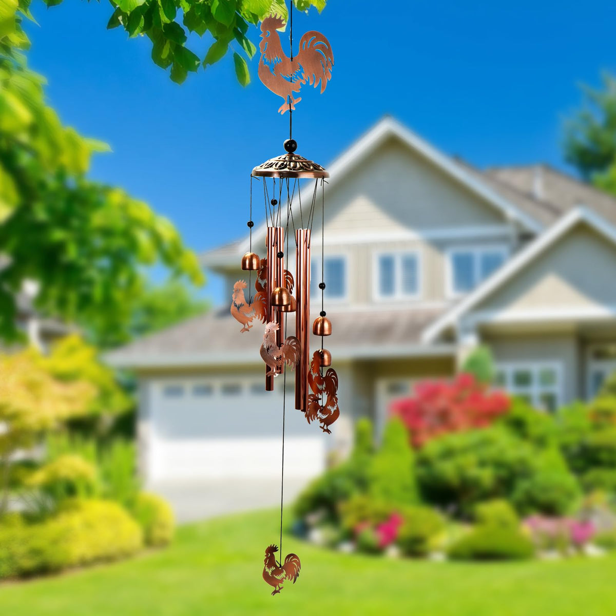ArtCredit copper-tone rooster wind chimes enhance patios with gentle, melodic breeze music.