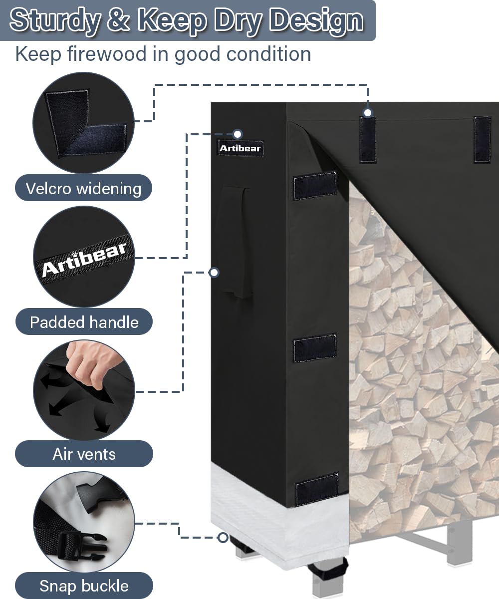 Artibear 4ft firewood rack cover side view showing secure fit