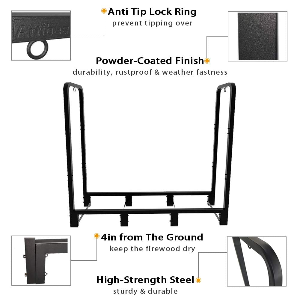 Artibear adjustable-length firewood rack demonstrates versatile porch-to-patio fit.