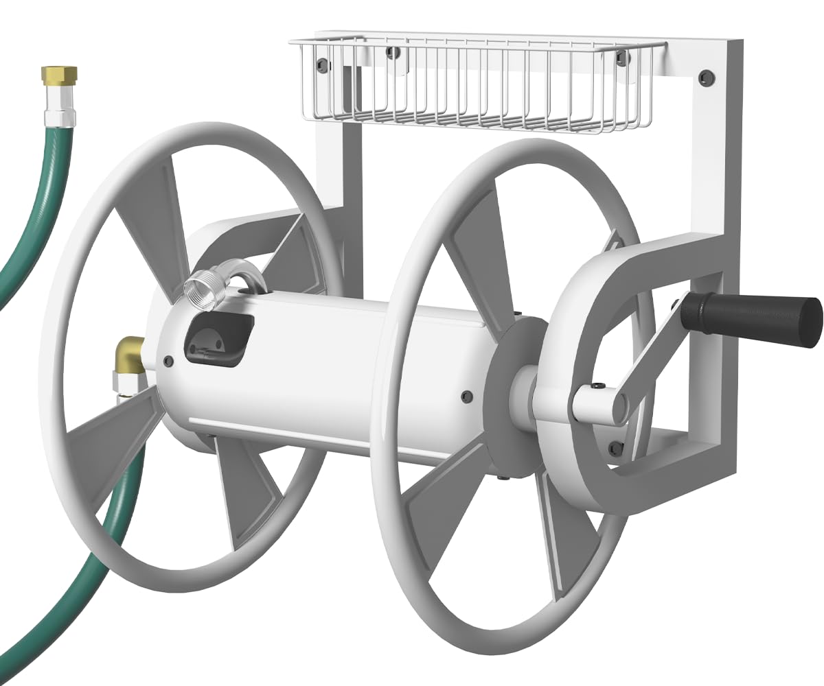 Artigarden garden wall-mounted hose reel keeps hoses neatly stored for easy watering.