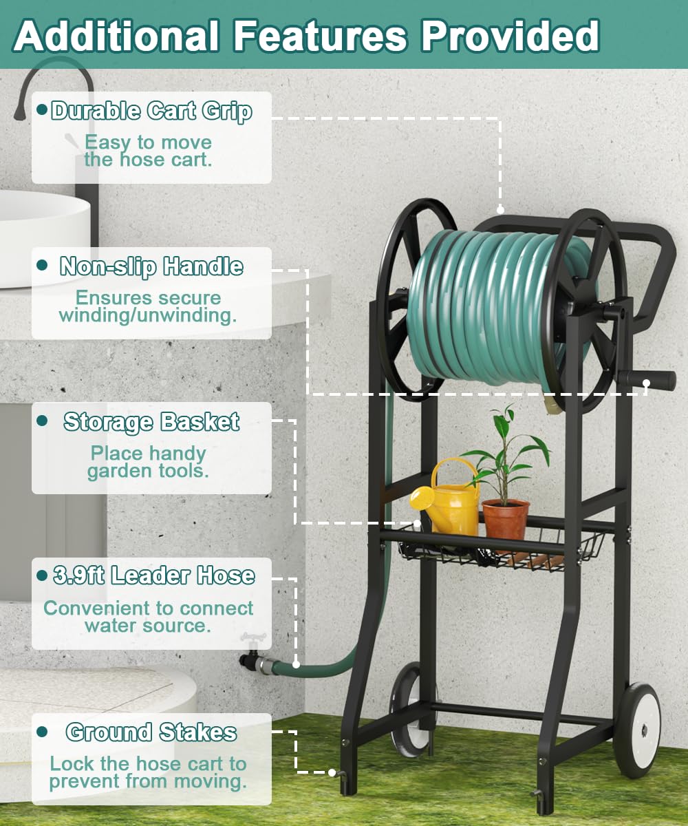 Artigarden hose cart with ground stakes for added stability on uneven ground