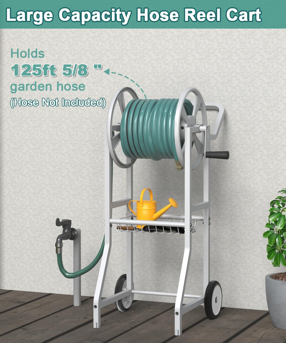 Artigarden hose reel cart shows the 3.9ft leader hose included for extended reach.