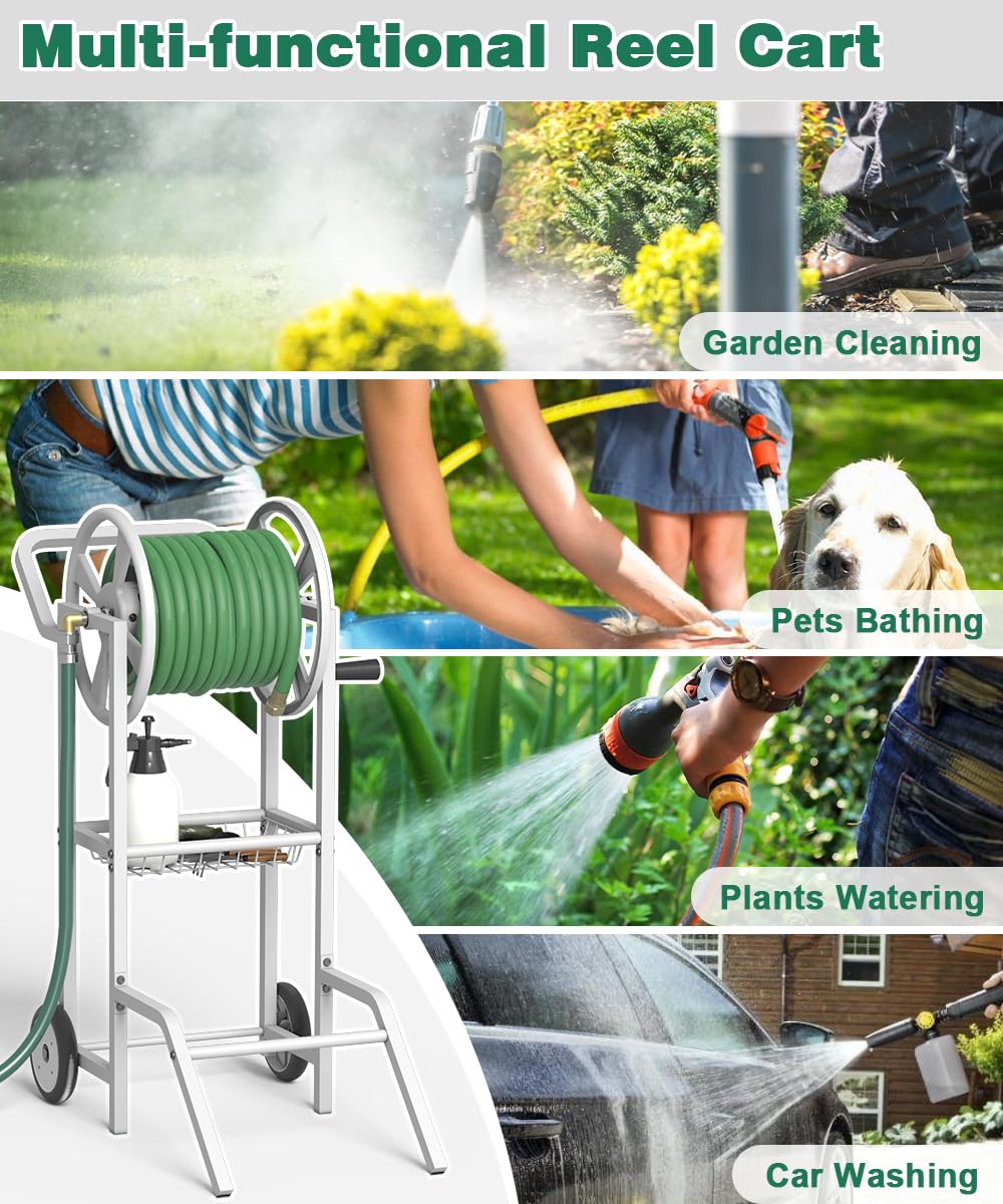 Artigarden hose reel cart in a backyard ready for watering