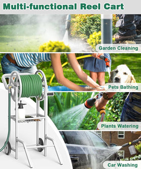 Artigarden hose reel cart in a backyard ready for watering