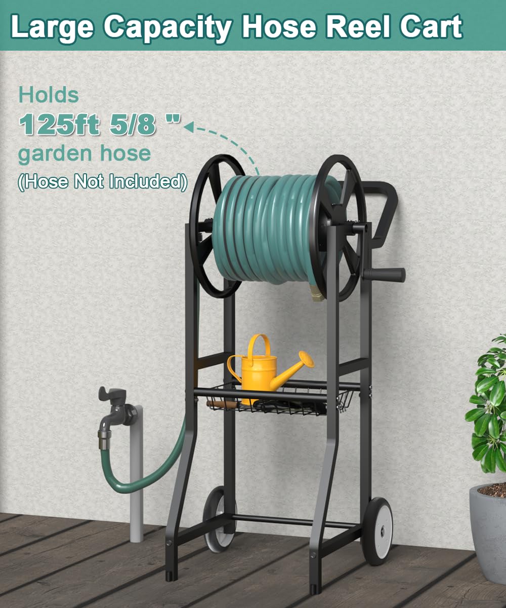 Artigarden hose reel cart with leader hose extension for distant taps