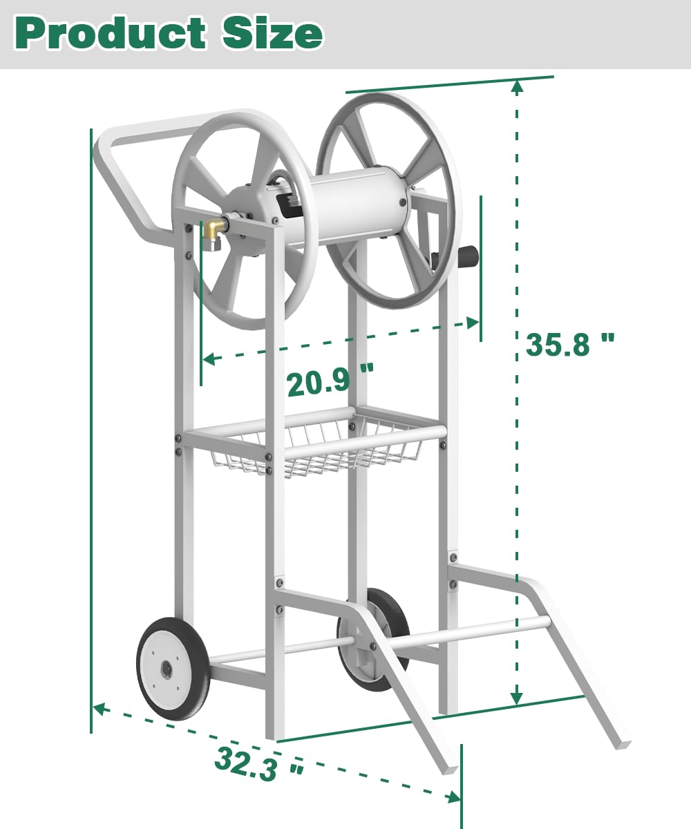 Artigarden hose reel cart demonstrates stable two-wheel design on uneven ground