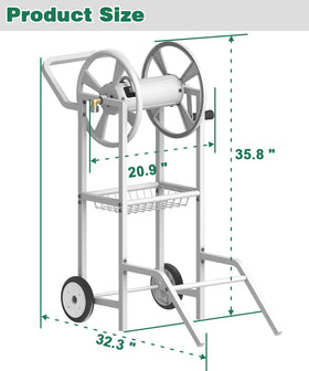 Artigarden hose reel cart demonstrates stable two-wheel design on uneven ground