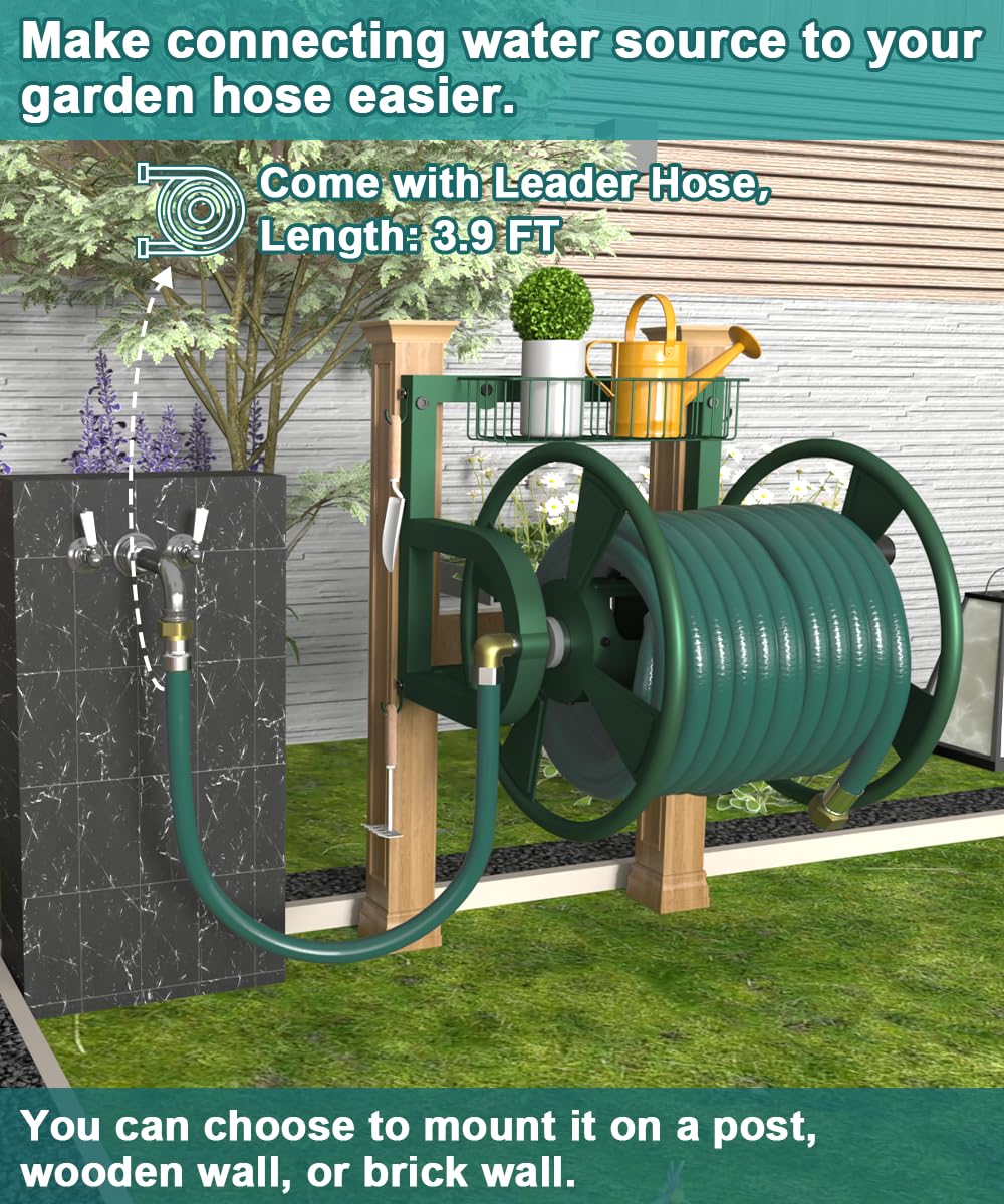 Artigarden hose reel includes a 3.9 ft leader hose for quick water access.
