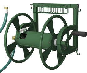 Artigarden wall-mounted hose reel keeps a 125 ft hose neatly organized for easy watering.